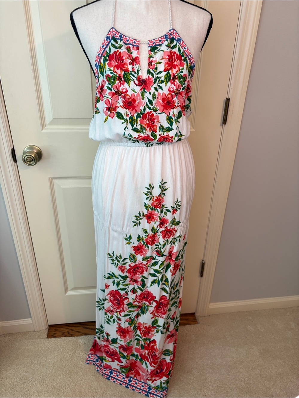 Flying Tomato Floral Roses Boho Halter Maxi Open Back Dress size Medium